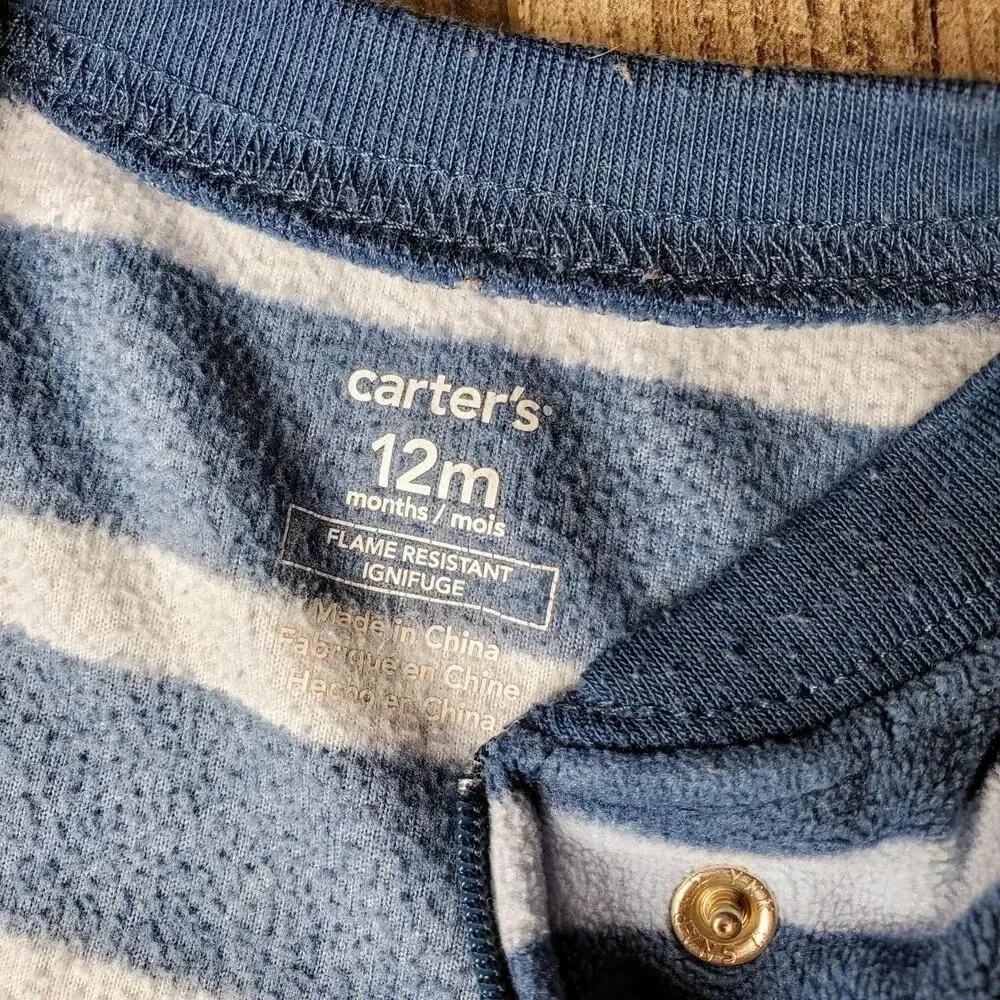 Carter's Size 12m Fleece Footed Pajamas Blue Striped Moose